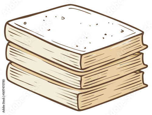 Stacked books with blank covers and detailed pages in a simple illustration style.