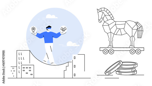 Man balances ideas and partnerships on a tightrope above cityscape, Trojan horse and coins nearby. Ideal for business risk, strategy, balance, partnerships, deception, investment, innovation simple