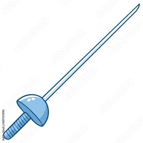 A stylized blue foil fencing sword on a white background illustrating a sport weapon