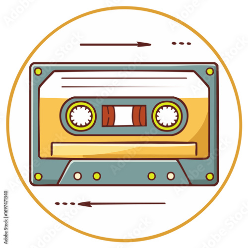 Vintage Audio Cassette Tape with Direction Arrows in Circular Frame, Nostalgia