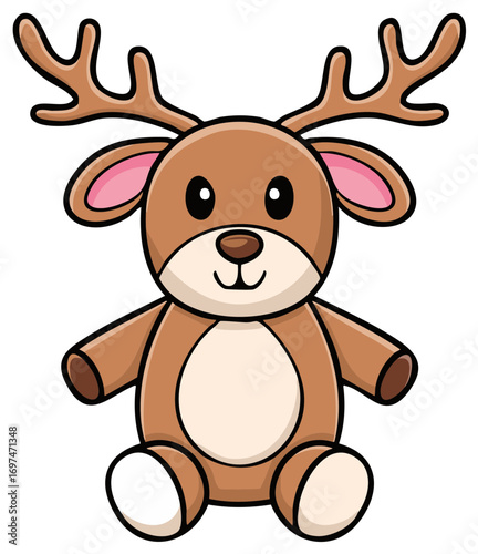 A friendly cartoon reindeer stuffed animal sitting down, simple holiday character vector style illustration.