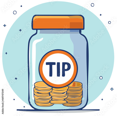Glass Jar Filled with Coins and a Tip Sign