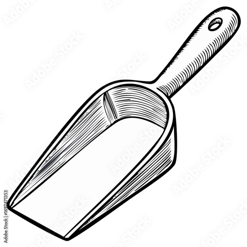 Drawn black and white scoop tool for scooping and handling goods, for measuring out quantities