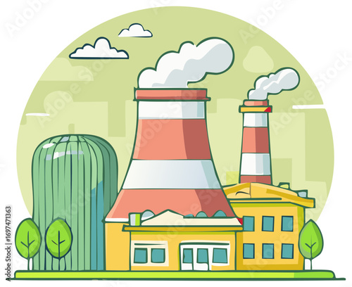 Industrial factory with cooling towers and smoking chimneys against a soft green sky background