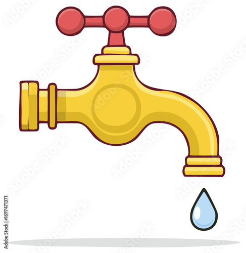 Golden Water Tap with Dripping Water Drop, Plumbing Icon.