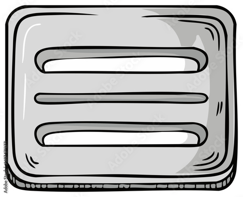 Grayscale cartoon illustration of an empty soap dish with drainage slots