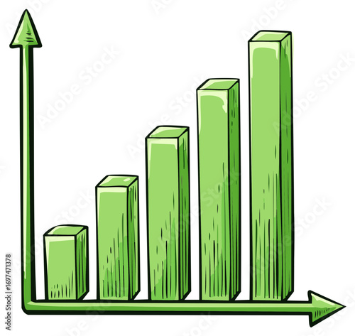 Hand-drawn illustration with green growth graph representing progress and upward trend, depicting business or financial success