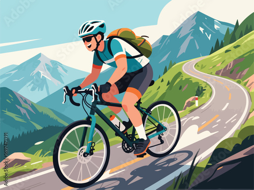 Flat Design of Adventurer Character Riding Bicycle through Mountains - Flat 2D Vector Illustration