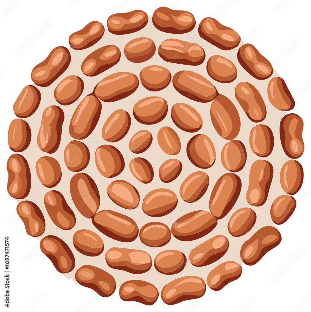 Fototapeta premium Numerous brown kidney beans or pinto beans forming a decorative circular pattern illustration