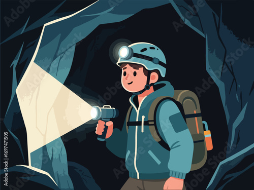 Flat Design of Adventurer Character Exploring Cave with Flashlight - Flat 2D Vector Illustration