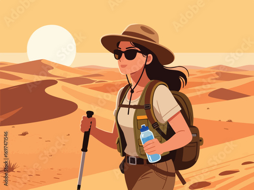 Flat Design of Female Adventurer Hiking through Desert - Flat 2D Vector Illustration