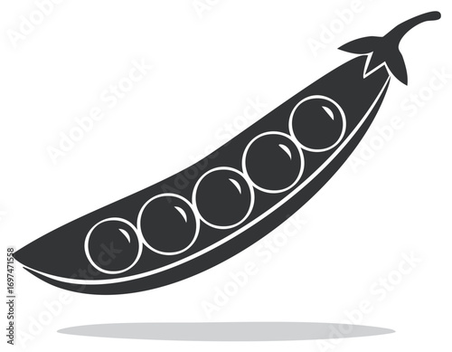 Open pea pod with five fresh peas simple black white vector icon