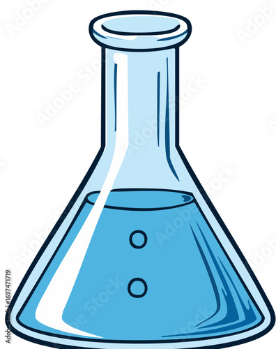 Science laboratory Erlenmeyer flask with blue liquid cartoon illustration