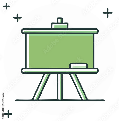 Illustration of a green blackboard with stand, drawing, classroom