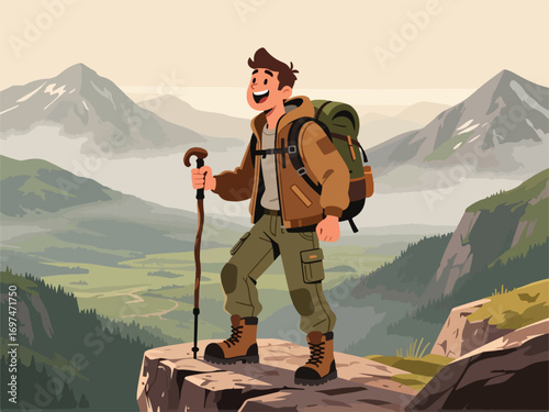 Flat Design of Adventurer Character on Mountain Cliff - Flat 2D Vector Illustration