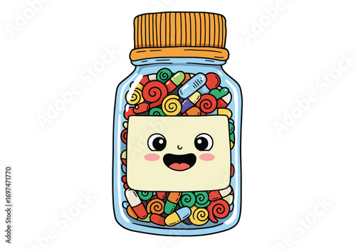 A cheerful cartoon pill bottle overflowing with colorful capsules and pills, featuring a cute, smiling face on the label.