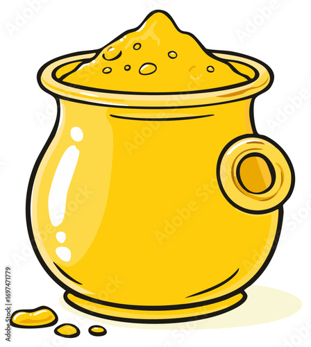 A cartoon pot overflowing with golden powder, suggesting wealth and prosperity