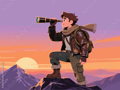 Flat Design of Adventurer Character with Telescope on Mountain Peak - Flat 2D Vector Illustration