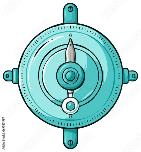 Illustration of a Teal Circular Compass with a Needle Pointing Upward