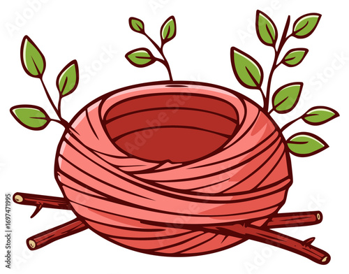Hand drawn illustration of a cozy bird nest with new growth and twigs