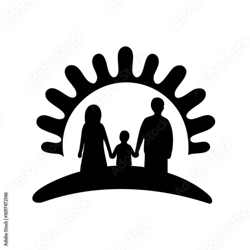 Stylized family with child holding hands standing under a sun shape