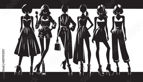 vector silhouettes set of women fashion dress