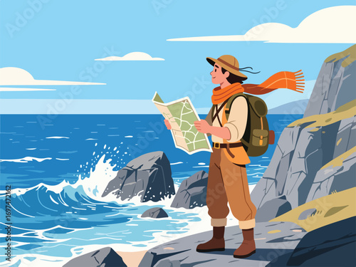 Flat Design of Adventurer Holding Map on Rocky Coastline - Flat 2D Vector Illustration