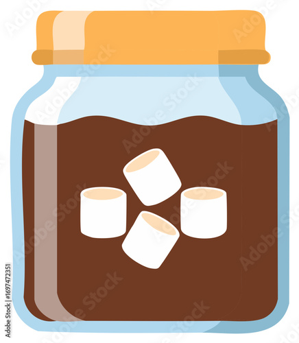 Delicious brown liquid with marshmallows in the glass jar with an orange lid, sweet treat.