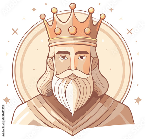 Majestic King with Golden Crown and Long Beard, Royal Portrait