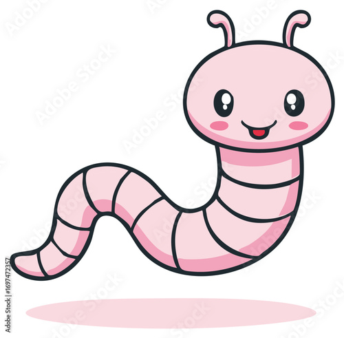 Cute pink cartoon worm illustration with a happy smiling face and antennas cheerful character