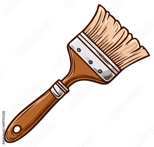 Stylized cartoon illustration of a wide paintbrush with a wooden handle for art and renovation projects