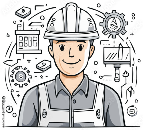 Illustration of Construction Worker with Hardhat, Mechanical Gears and Technical Drawings, Outlines
