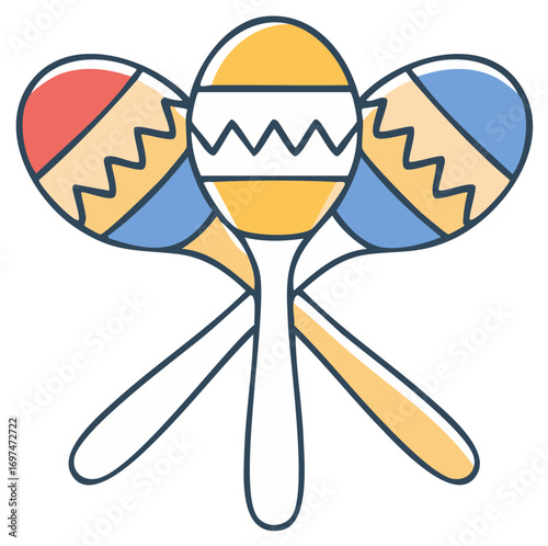 Three colorful crossed maracas illustration, a traditional Latin percussion musical instrument icon.
