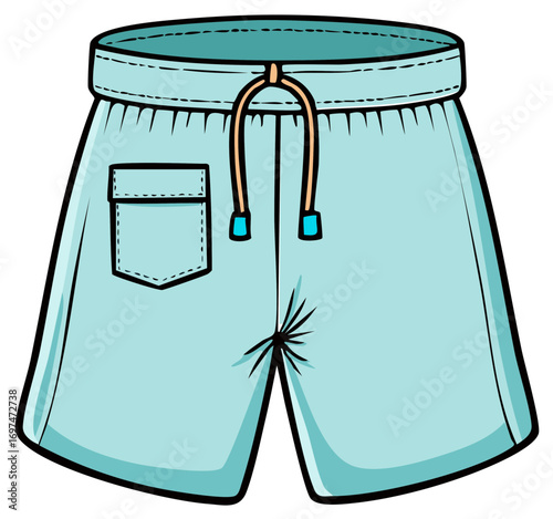 A simple cartoon illustration of light blue swim trunks with a drawstring waist and front pocket