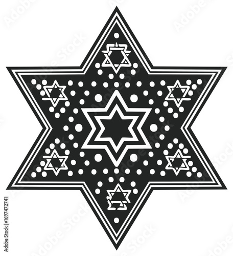 Decorative Six Pointed Star of David Design with Stars and Dots Ornament in Black and White