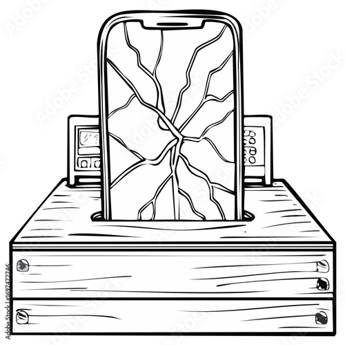 Cracked smartphone display in repair dock black and white illustration