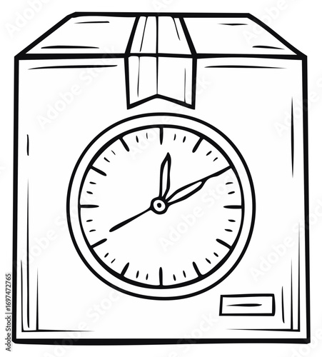Hand Drawn Illustration of a Cardboard Box with a Clock Face Symbolizing Delivery Time