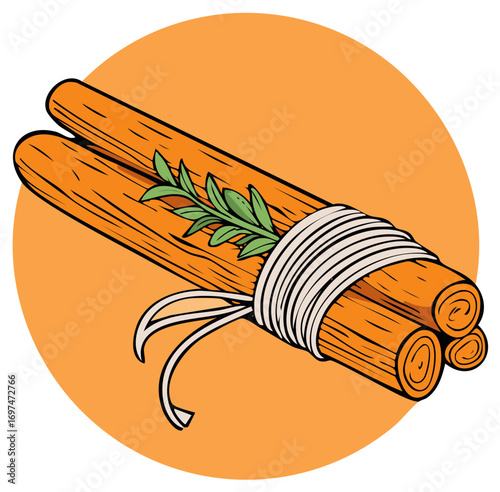 Bundle of cinnamon sticks tied with twine and decorated with a sprig of rosemary on an orange circle background