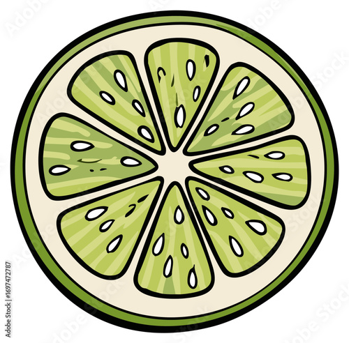 Vibrant lime slice illustration with detailed segments and seeds in a circular cut.