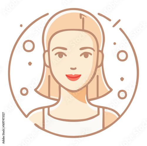 Blonde Haired Woman Circle Icon Smiling with Red Lips Minimalist Outline Style