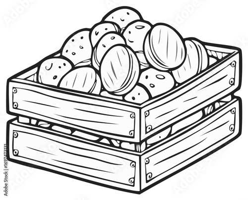 Black and white drawing of potatoes in a wooden crate stacked on another crate for illustration.
