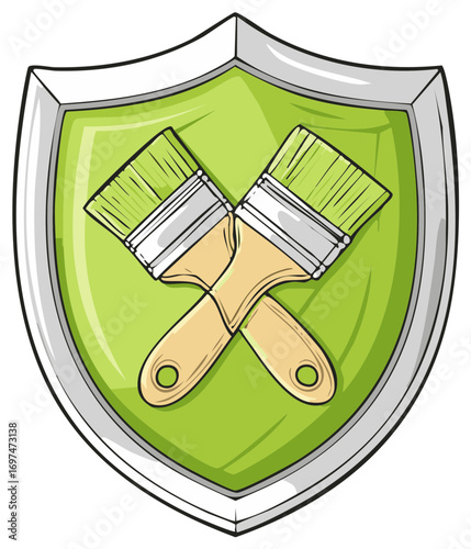 Protective shield icon with crossed painter brushes symbol for house painting and durable coating