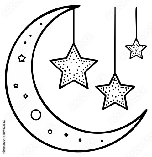 Celestial Dreams Moon and Stars Minimalist Line Art Hanging Stars Crescent Moon Night Sky