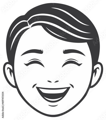Smiling Cartoon Face, Cheerful Expression, Positive Emotion, Black and White Vector