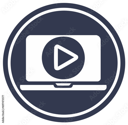 Laptop with play button icon, surrounded by a blue circle