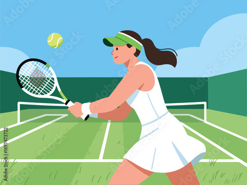 Flat Design of Female Tennis Player Preparing for Backhand Shot - Flat 2D Vector Illustration