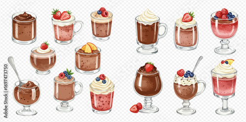 A collection of chocolate and berry mousse desserts in glass cups, garnished with whipped cream and fresh fruit toppings.