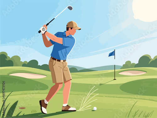 Flat Design of Golfer in Mid-Swing on Golf Course - Flat 2D Vector Illustration