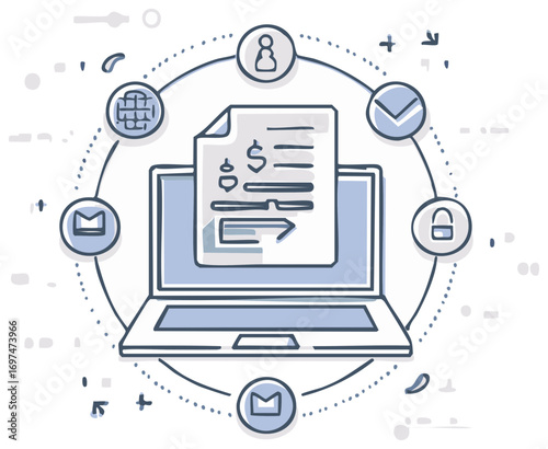 Laptop displaying financial document surrounded by icons representing digital security and global communication