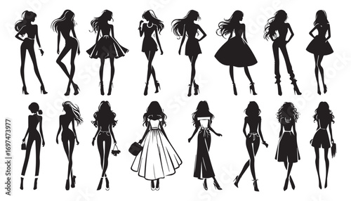 vector silhouettes set of women fashion dress